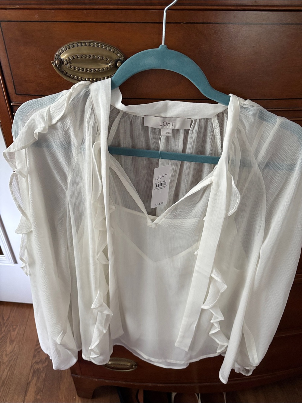 LOFT Cream Ruffle Tie-Neck Blouse
